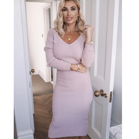 Pink Ribbed Knit Bodycon Off The Shoulder Dress - Picture 2 of 5
